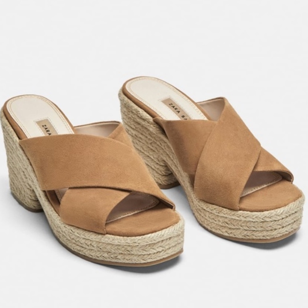 Zara Crossover Leather Suede Wedges Size 39